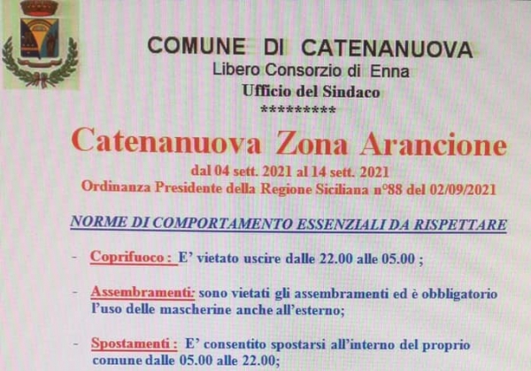 Catenanuova in zona arancione fino al 14 settembre.