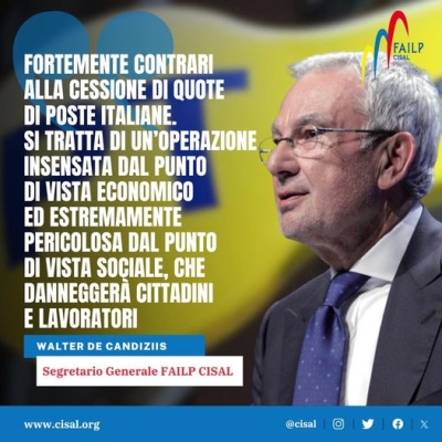 Privatizzazioni, Failp Cisal: no alla dismissione del 30% del capitale azionario di Poste Italiane